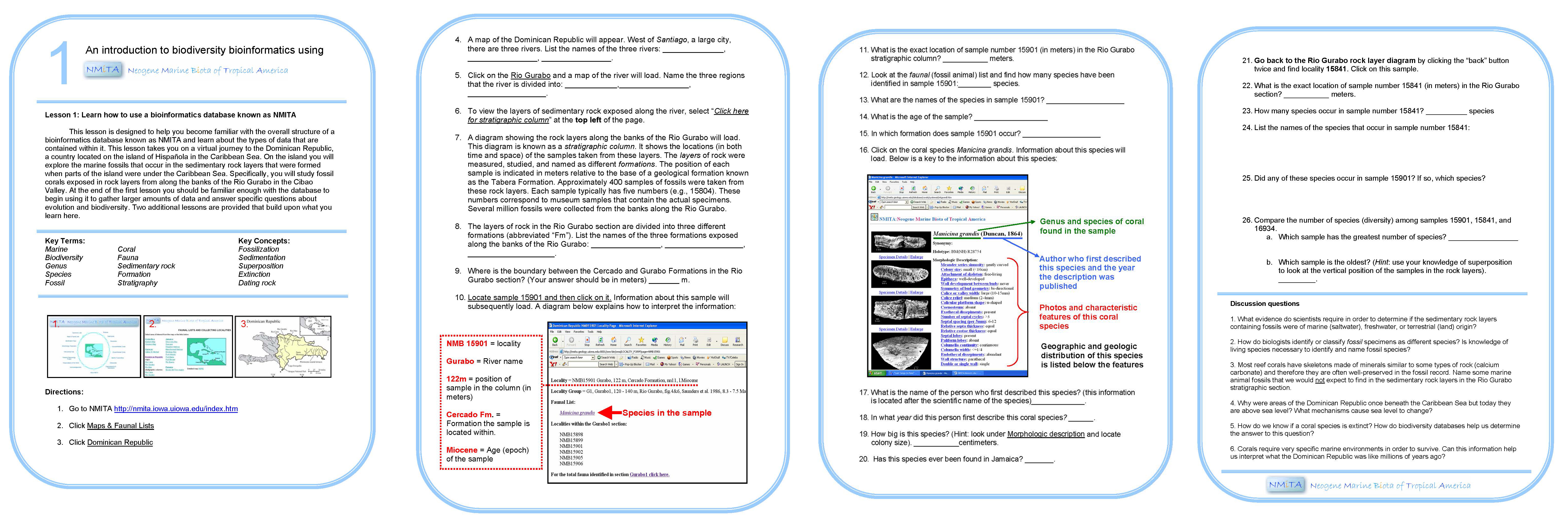 Figure 3. Instructions for biodiversity bioinformatics Lesson 1 available on the NMITA website.